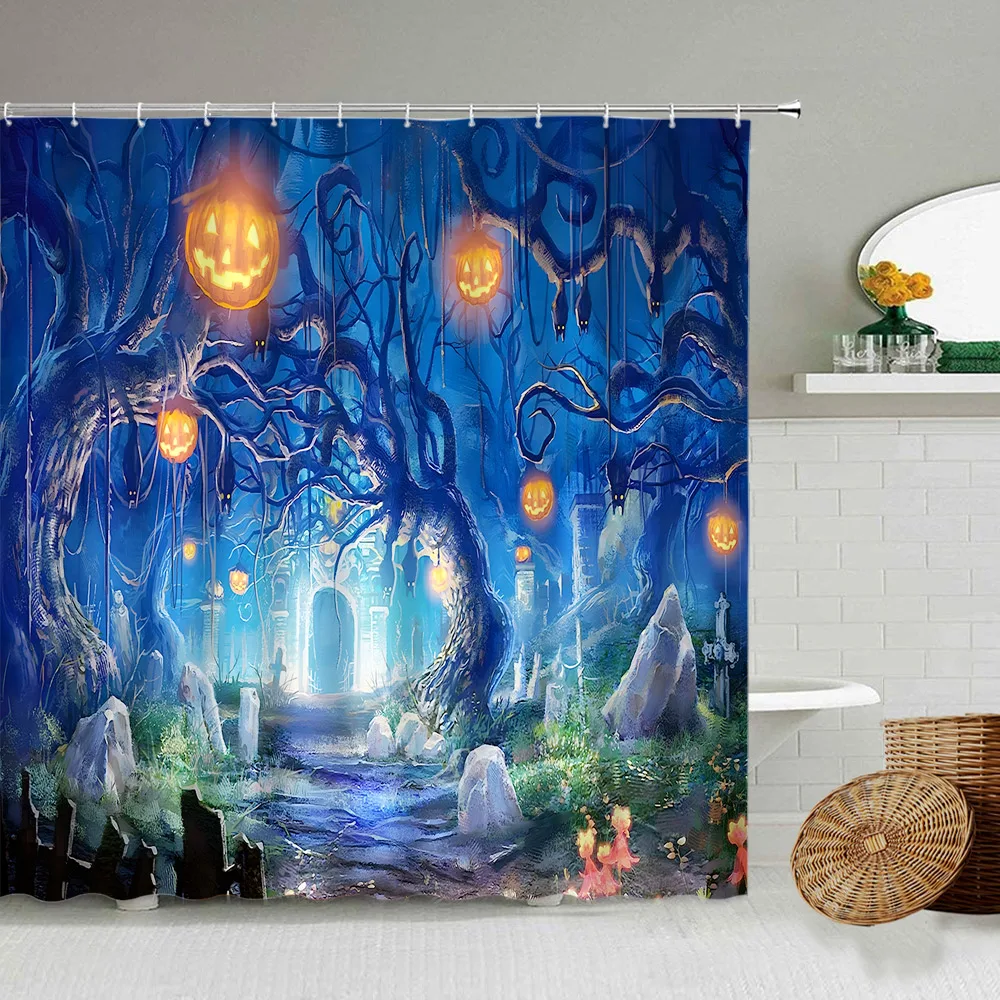 

Хэллоуин занавеска для душа s лес Тыква фонарь летучая мышь надгробие замок Ночной пейзаж настенная подвесная занавеска для ванной Декор на...