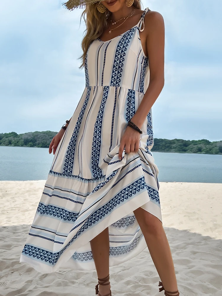 

2022 Backless Sleeveless Maxi Dresses Casual Loose Summer Boho Beach Dress Elegant Printed Women V Neck Bowknot Sling Dresses