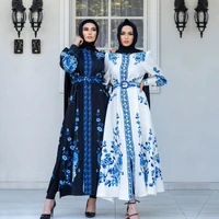 muslim dress womens printed single breasted slit dress spring autumn puff sleeve stand collar long sleeve dress turkish robe