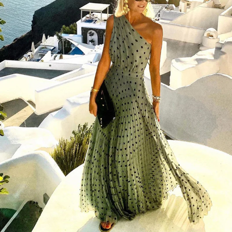 

Summer Sleeveless Pleated Maxi Boho Dress Elegant Vintage Print Lady Beach Party Dress Women Sexy Halter O-Neck Long Dress 2022