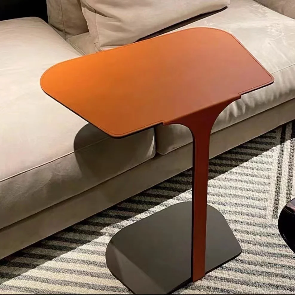 

2023 Italian Light Luxury Wrought Iron Side Table Minimalist Designer Orange Saddle Leather Square Metal Side Table