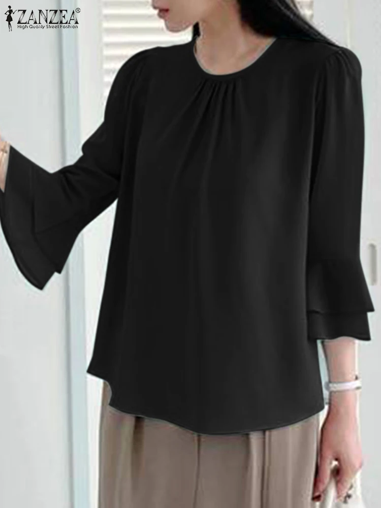 

ZANZEA Summer Fashion Party Holiday Tops Women Elegant Chiffon Blouse 3/4 Flare Sleeve Solid Shirt Casual Flounce Blusas Chemise