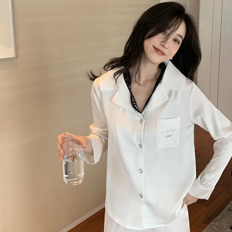 

Korean Sweet White satins ice silk sleepwear women pajamas sets spring New long sleeve trousers fashion pyjamas 99158