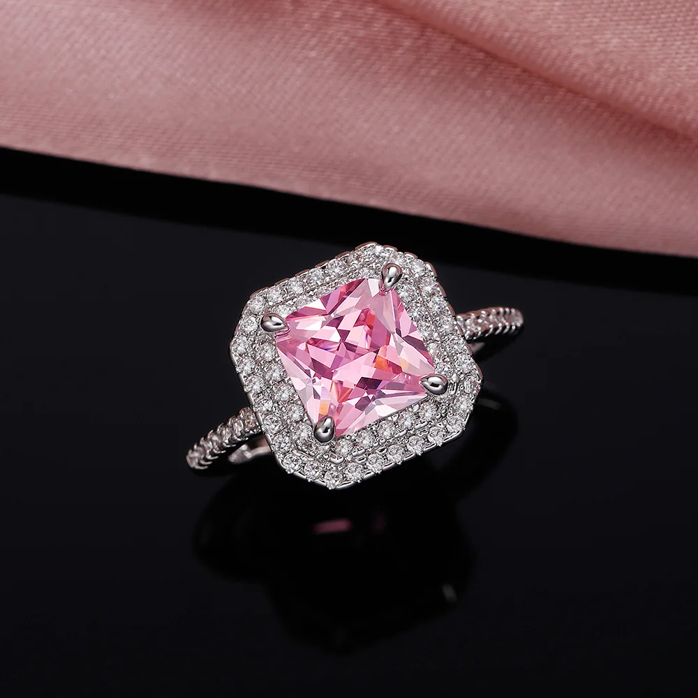 

Huitan Temperament Sweet Pink Princess Square CZ Engagement Rings Women Luxury Proposal Ring for Girlfriend Gift Fashion Jewelry