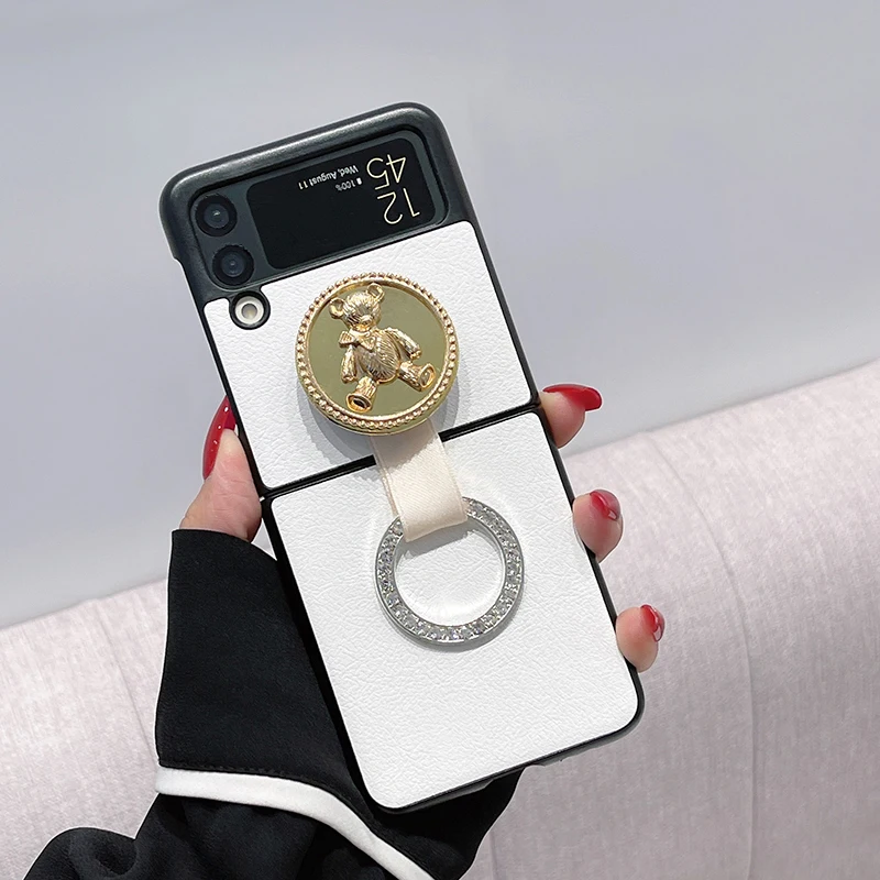 

For Samsung ZFlip3 Case Golden Bear Stand Anti-drop Ring Cover Funda Para for Samsung Galaxy ZFLIP 3 Luxury Half-wrapped Case