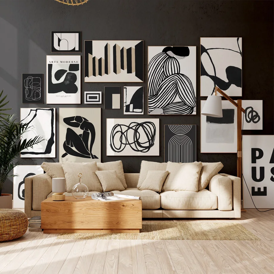 

Black And White Abstract Striped Woman Geometric Lines Wall Art Print Canvas Painting Posters Wall Pictures Living Room Decor