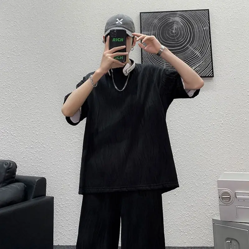 M-5XL Loose Ice Silk Casual Sports Suit Men's Summer Short-sleeved Shorts Straight Pleated Sports Pants Speed Dry 2 Piece Sets