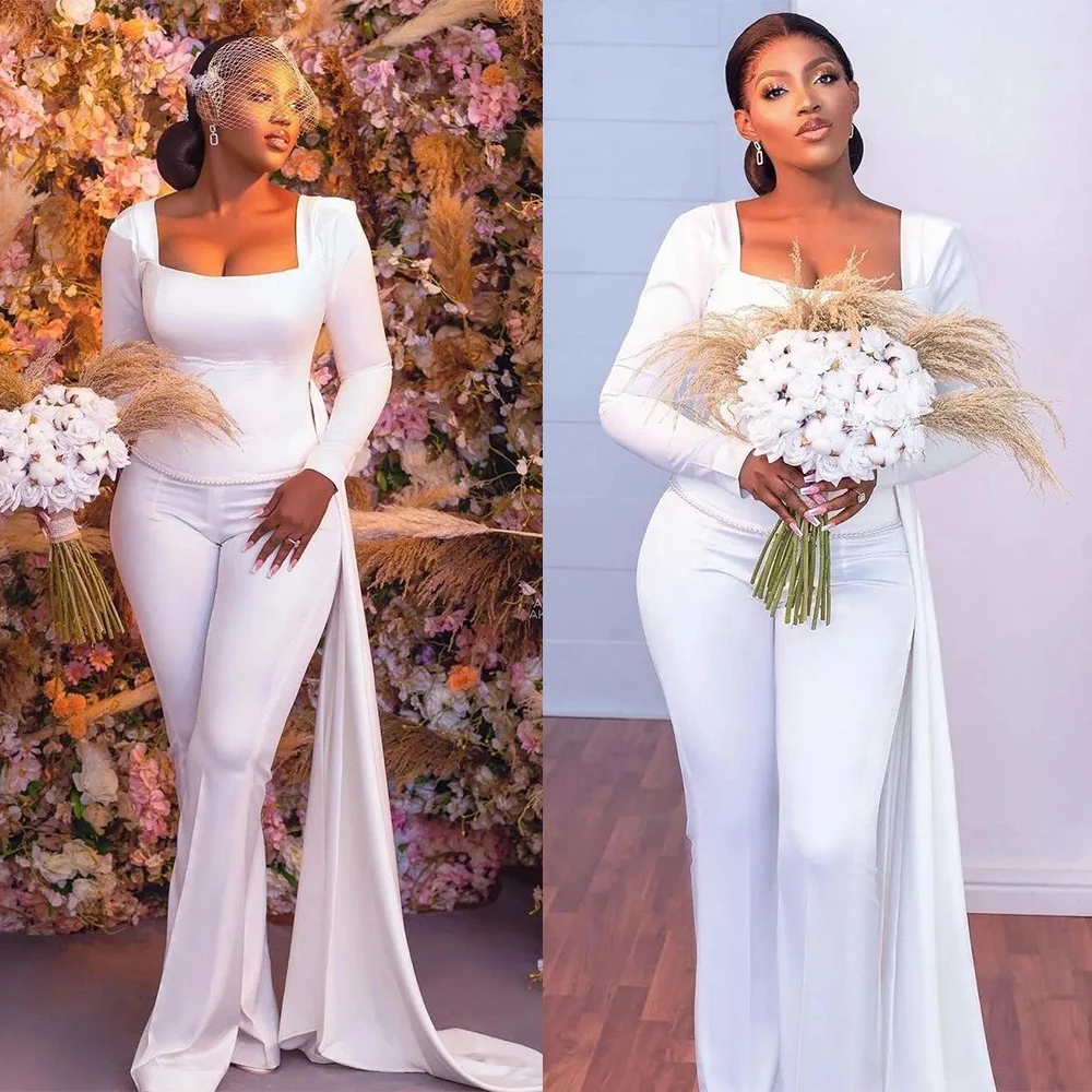 

Vintage 2 Pcs Wedding Dresses Square Collar Long Sleeves Bridal Gowns Custom Made Floor Length Vestido de novia