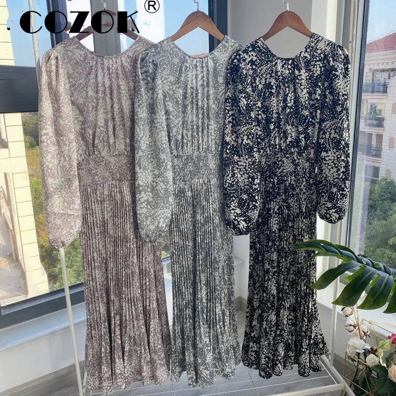 

Cozok Japanese Sweet RobeTemperament Chic Print High Waist French Style Vestidos Puff Sleeve Aesthetic Women New Dresses