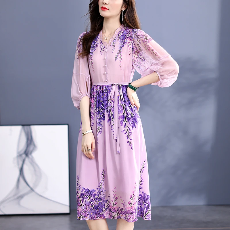 

Женское длинное платье-трапеция, элегантное платье из натурального шелка с V-образным вырезом, рукавом три четверти и цветочным принтом, лето-осень 2023