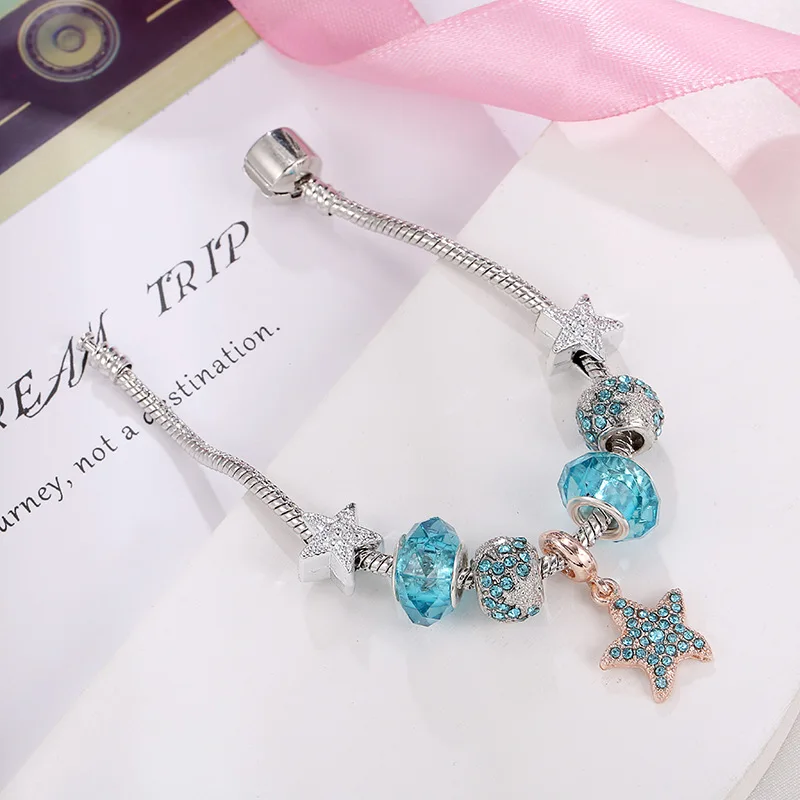 New Starfish Pendant Bracelet Female Star Point Diamond Beaded Diy Bracelet Female Blue Glass Jewelry Female
