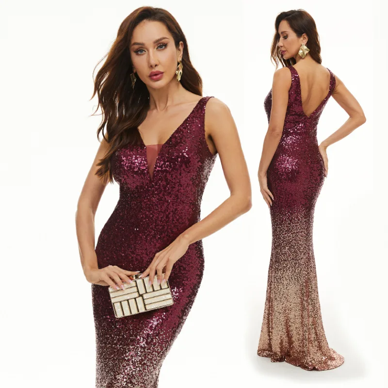 Women Elegant Sequined Prom Evening Dress Sexy V-neck Sleeveless Backless Party Dress Slim Waist Mermaid Plus Size Dresses 4XL