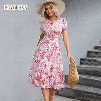 movokaka women summer holiday sexy backless long dress elegant party hollow o neck flowers printed vestidos beach casual dresses