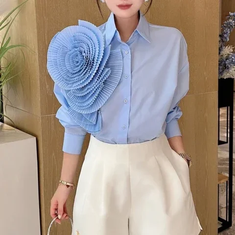 Женская блузка с длинным рукавом, элегантная белая Повседневная плиссированная блузка с цветочным принтом, большие размеры, 2024