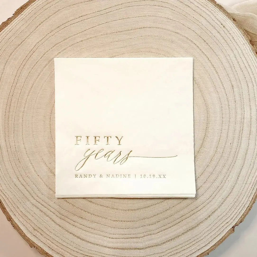 Anniversary Napkins | 50th 25th Wedding Decor Cocktail Gold Foil Beverage Na