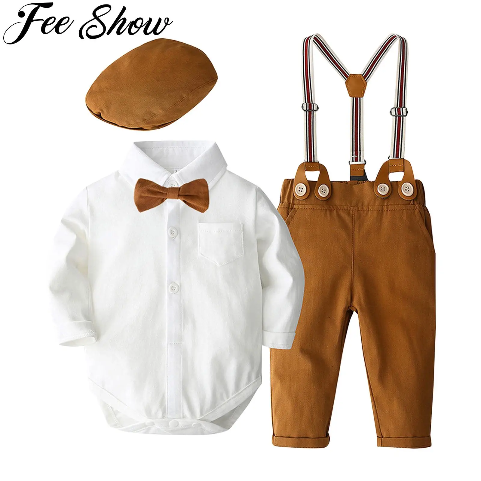 

Baby Boy Dress Suits Infant Tuxedo Gentleman Outfits Sets Long Sleeve Bowtie Shirt Romper Suspenders Pants Beret Hat 0-24M