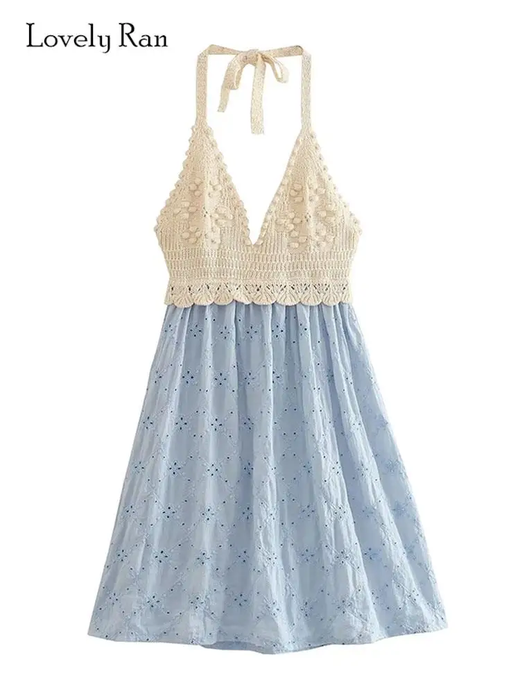 

Knitted Patchwork Halter Mini Dress Elegant female Sexy Backless Lace Up A-line Dresses 2023 Chic Holiday Party Street Vestido