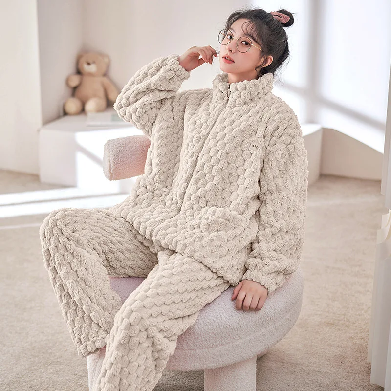 Yasuk Winter Fashion Women's Men Casual Warm Soft Sleepwear Pajamas Pants Velvet Fleecel Solid Couple Unisex Pocket Coat Thick