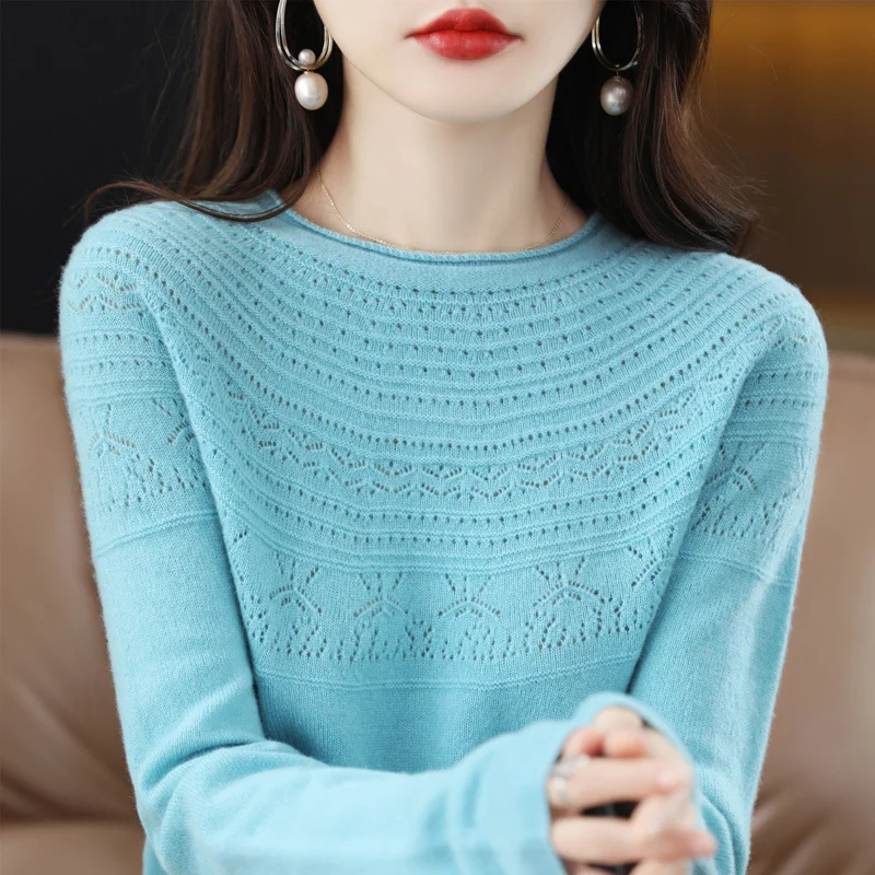 

2023 Autumn/Winter New Seamless One-Line Ready-To Wear Women's Pullover 100% WooL Round S Neck UpperBody Hollow Sweater Soft Top