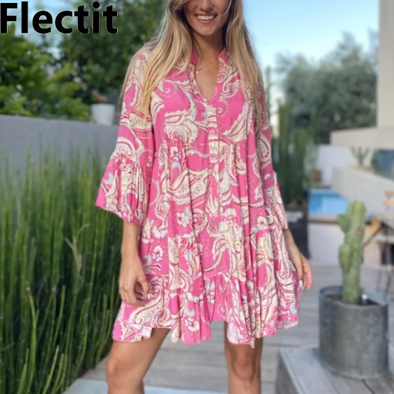 

Flectit Women Paisley Dress Boho Chic Flared Sleeve Tiered Tunic Dress Summer Ladies Vacation Resort Wear