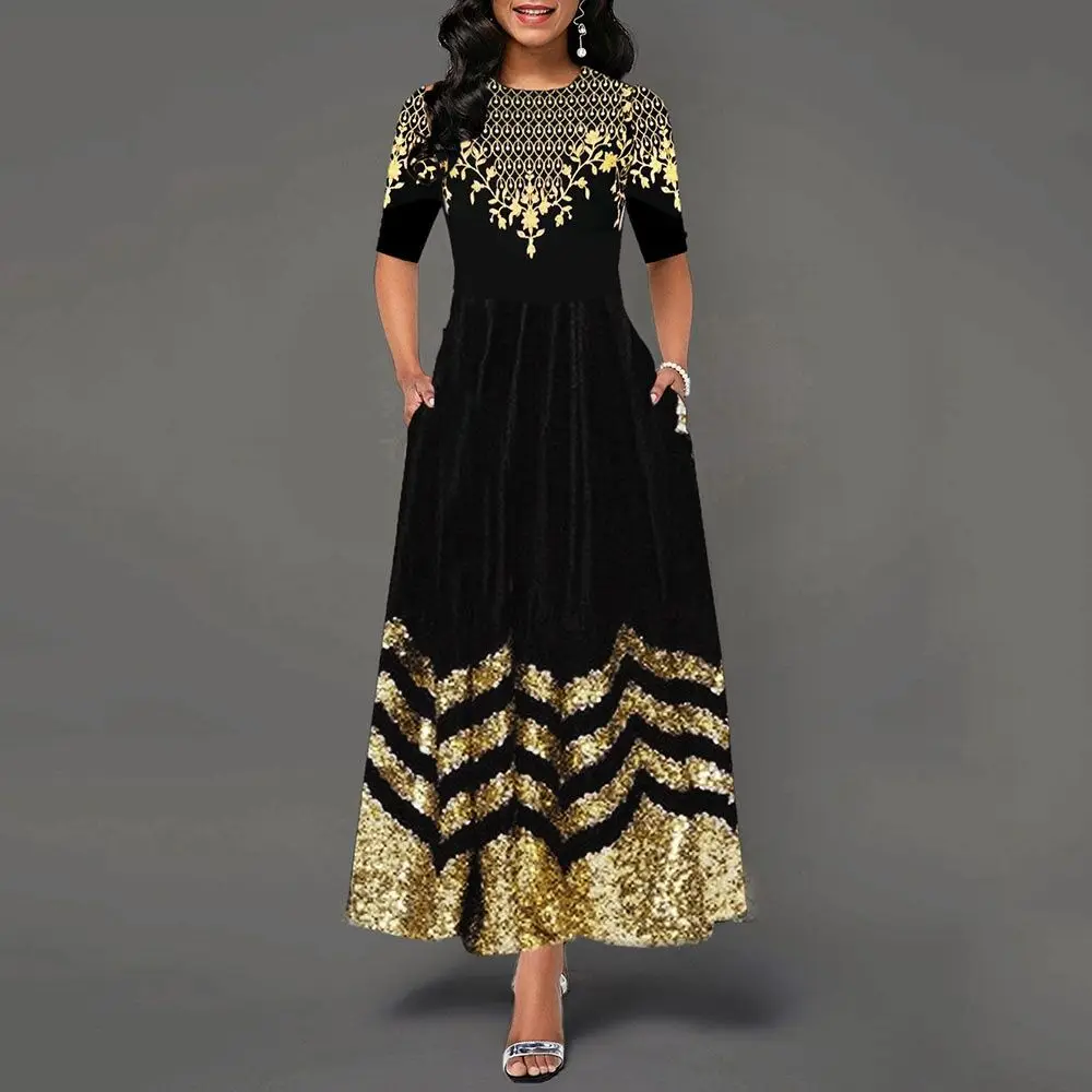 

Women's Printed Crew Neck Striped Long Dress Vintage Dress