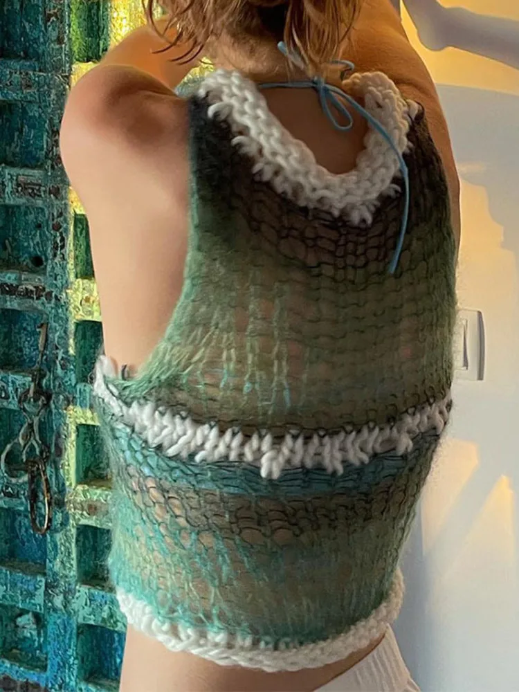 Y2K Clothes Contrast Color Sweater Sleeveless Hollow Out Crochet Blouse Crop Top Women 2022 Summer New Sexy Fashion Street Vest |