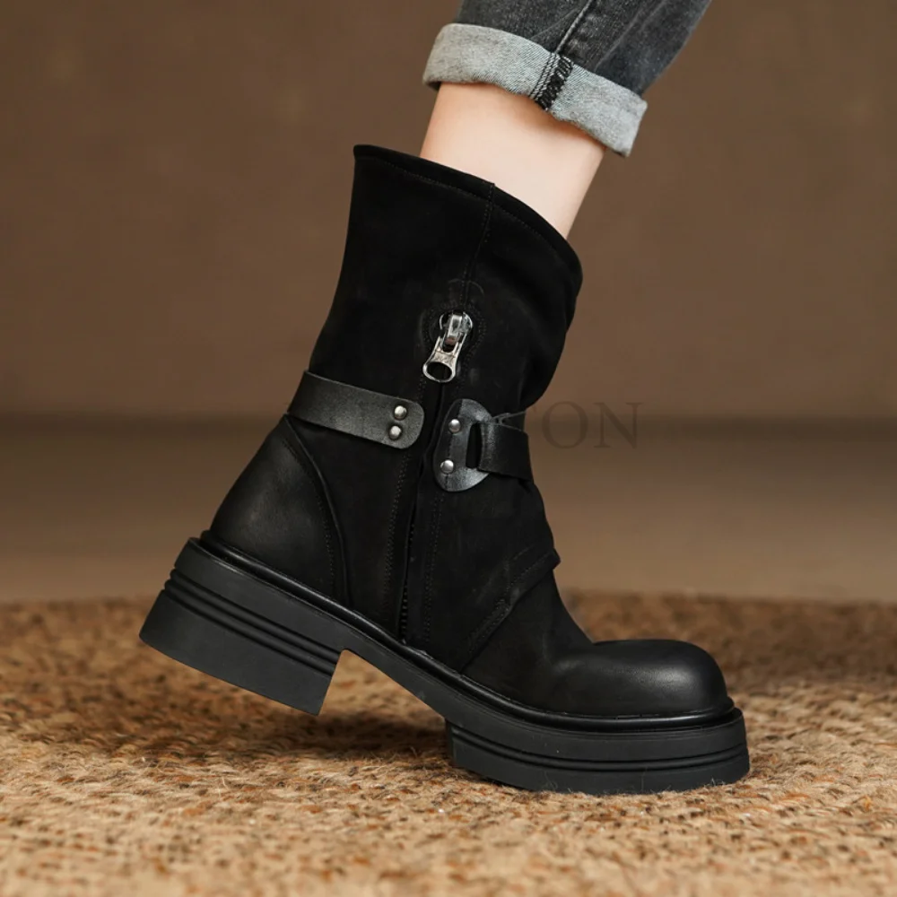 Autumn/Winter Women Boots Round Toe Chunky Heel Shoes Women Genuine Leather Boots Zipper Short Boots Motorcycle Boots for Women