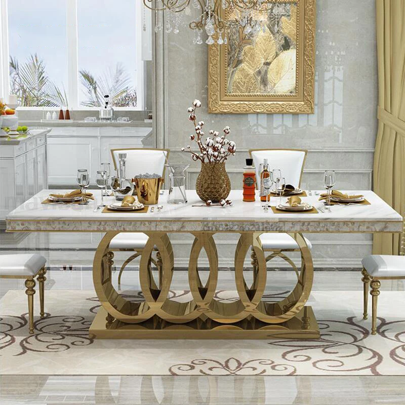 

Post-Modern Marble Top-Grade Dining Table And Chairs Combination Stainless Steel Top Crown Balcony Golden Hotel Furniture