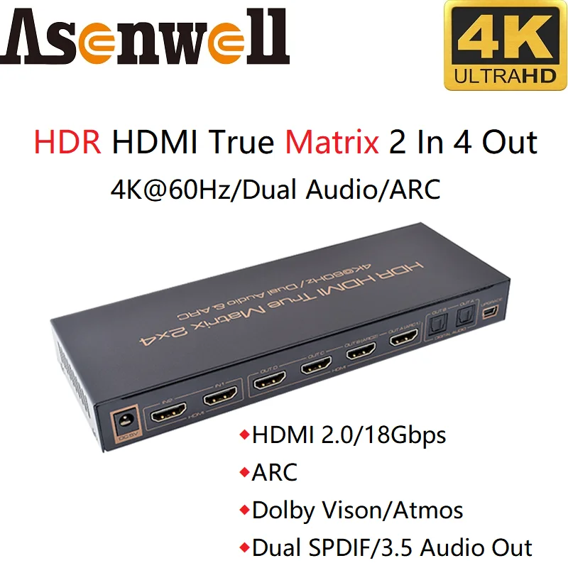 

4K@60Hz HDMI Matrix Switch Splitter 2 In 4 Out V2.0 2160P ARC UHD HDR Dual Audio Extractor IR Remote SPDIF Digital 5.1 AUX 3.5mm