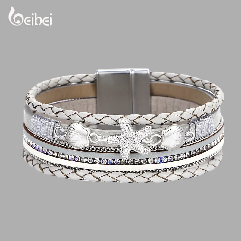 

Women's Ethnic Starfish Sea Shell Braided Rope Bracelet Multi-strand Leather Wrap Bracelet With Magnetic Clasp Pulsera