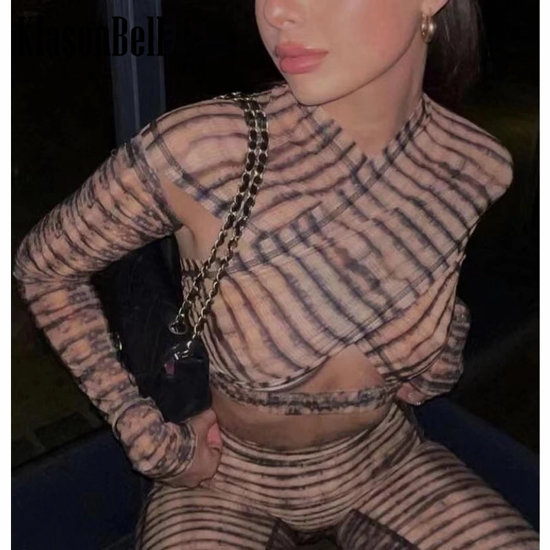 

3.21 KlasonBell Vintage Sexy Hollow Out Criss-Cross Design Print Short Slim T-Shirt Women