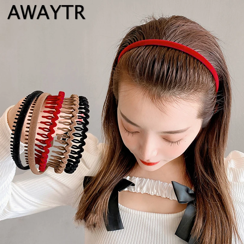 

Женский волнистый обруч для волос AWAYTR, однотонный бархатный обруч для волос с зубчиками, аксессуары для волос