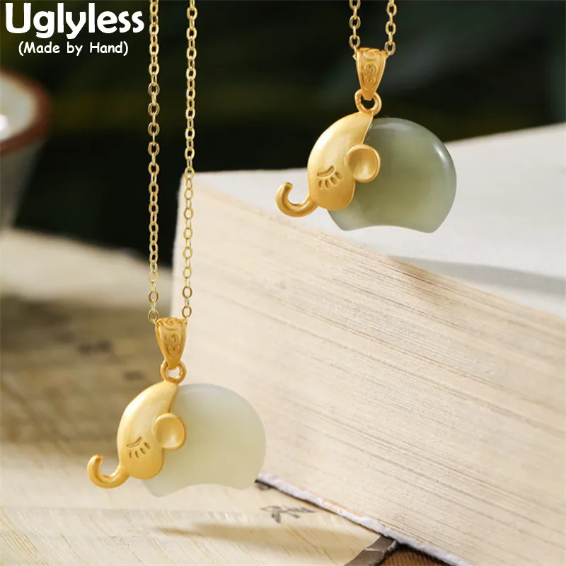 

Uglyless Lovely Little Elephants Pendants for Women Natural Jade Animals Necklaces NO Chains 925 Silver Gifts Jewelry Elephants
