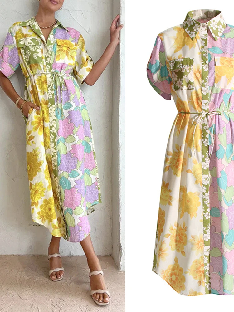

DesireFair French Bohemian Style 2023 Summer Lapels Short-Sleeved Tied Waist Colorful Print Mid-Length Dresses Women