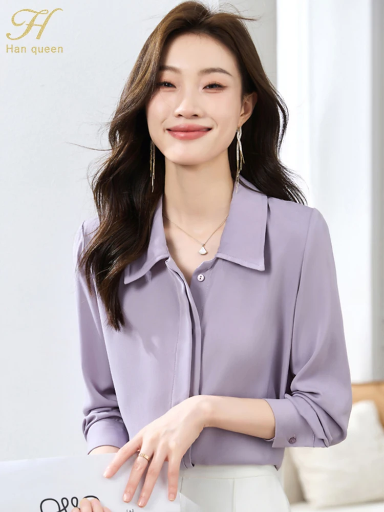 

H Han Queen 2023 Autumn Lazy Wind Simple Office Blouse Female Shirt Long Sleeve Tops Casual Korean Loose Chiffon Blouses Women