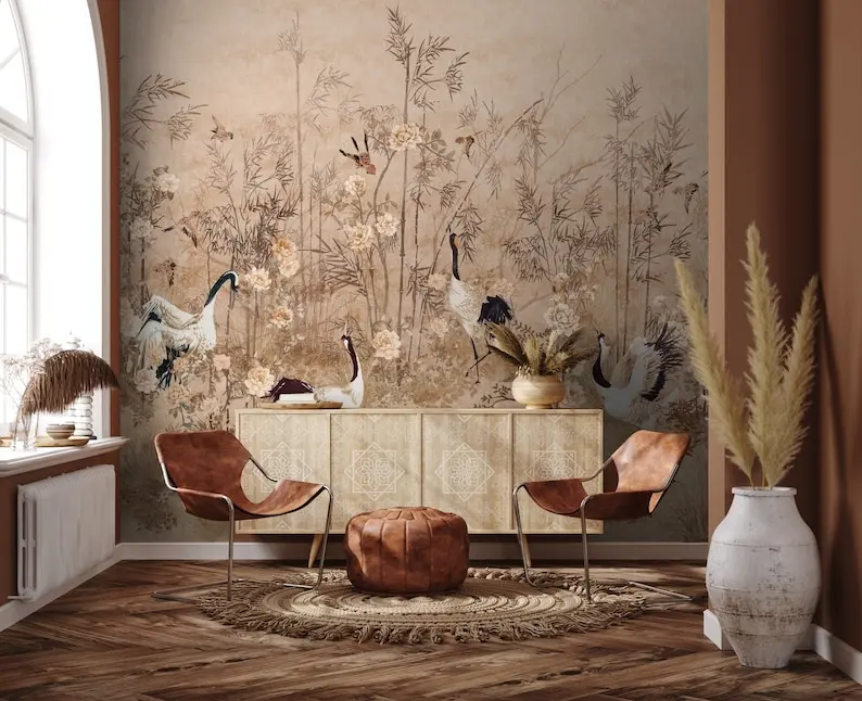 

Boho Chinoiserie Landscape Wallpaper | Watercolor Crane Birds Asian Style Wall Mural | Soft Peony Tree with Birds Wallpaper