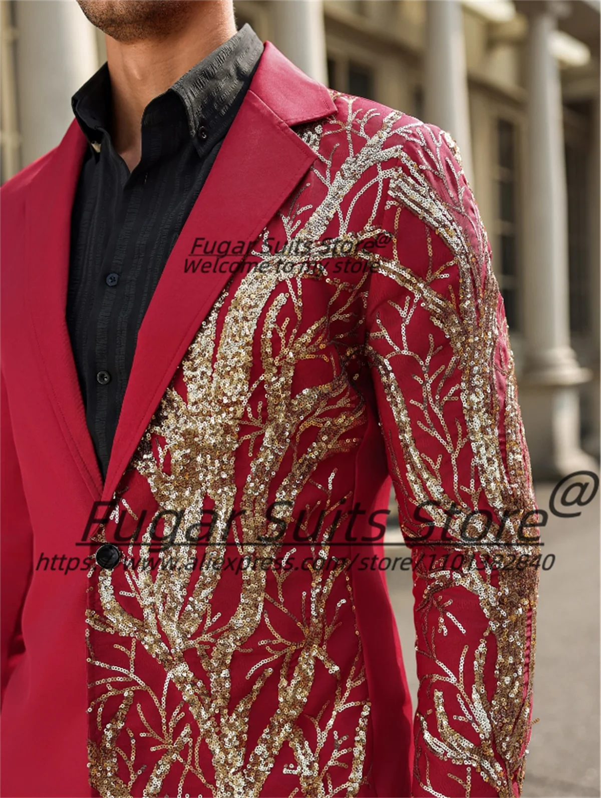Luxuly Red Embroidered sequins Wedding Suits For Men Slim Fit Groom Tuxedos 2Pieces Sets High-qublity Male Blazers Costume Homme