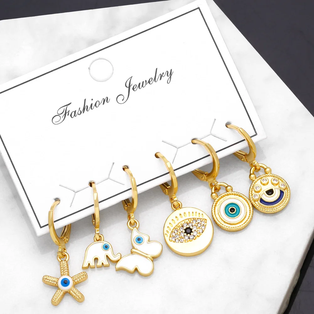 

FLOLA Y2K 6pcs/lot Lucky Enamel Blue Eye Earrings for Women Copper Gold Plated Greek Eye Dangle Earrings Turkish Jewelry ersa253