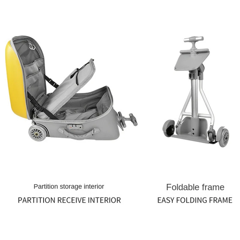 Children Cartoon ride on carry on suitcase new 2023 Lazy kids trolley case box scooter suitcase rolling luggage yellow duck