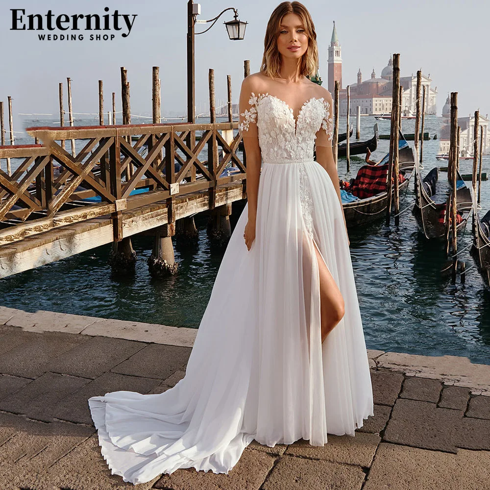 

Intriguing Side Slit A Line Wedding Dress Short Sleeves Lace Appliques Bridal Gown Illusion Back With Buttons Vestidos De Novia