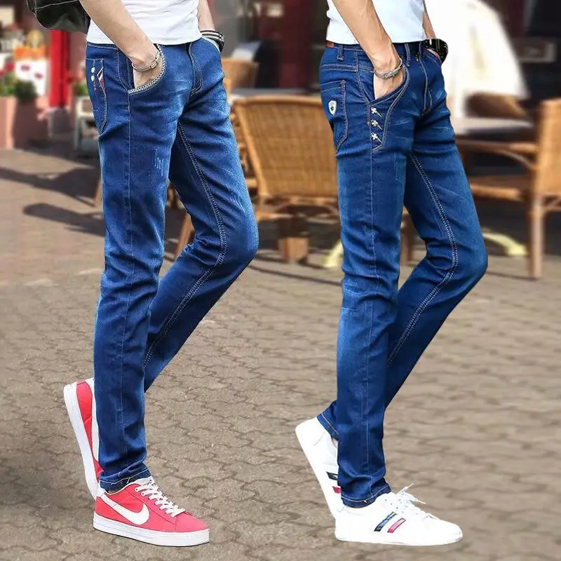 New Jeans Male Student Korean Style Trendy Slim Fit Skinny Ripped Ankle-Length Pants Stretch Versatile Casual Pants Male