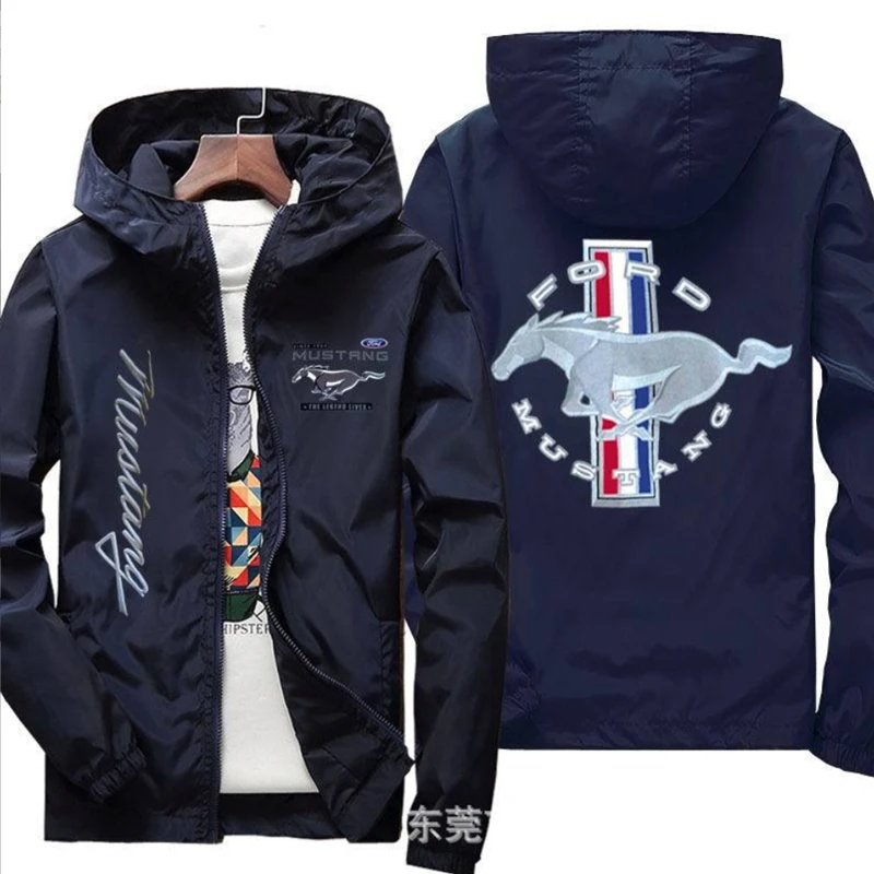 

New Spring Autumn Men's Ford Mustang Hooded Jacket Casual Coat Male Zipper Fashion Windproof Long Sleeve Outdoor Jacket