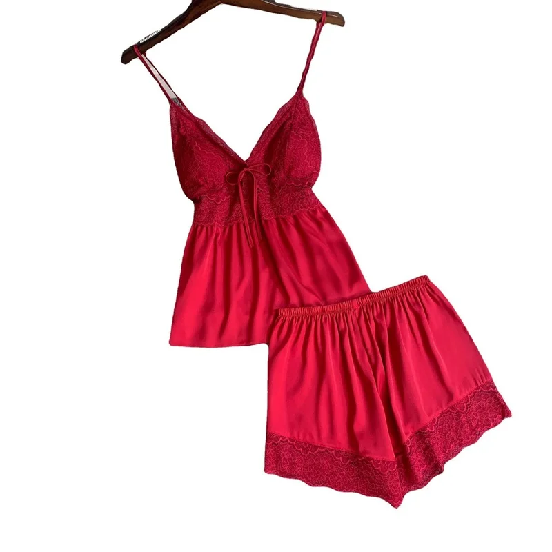 2 PCS New Woman Pajamas Set Silk Satin Sleepwear Summer Sling Shorts Sexy Lingerie Pyjamas Homewear Loungue Suit