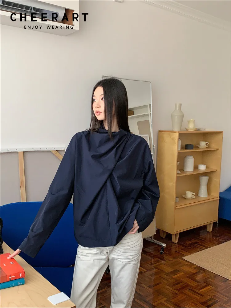 CHEERART дизайнерская блузка с длинным рукавом женская темно-синяя осенняя мода