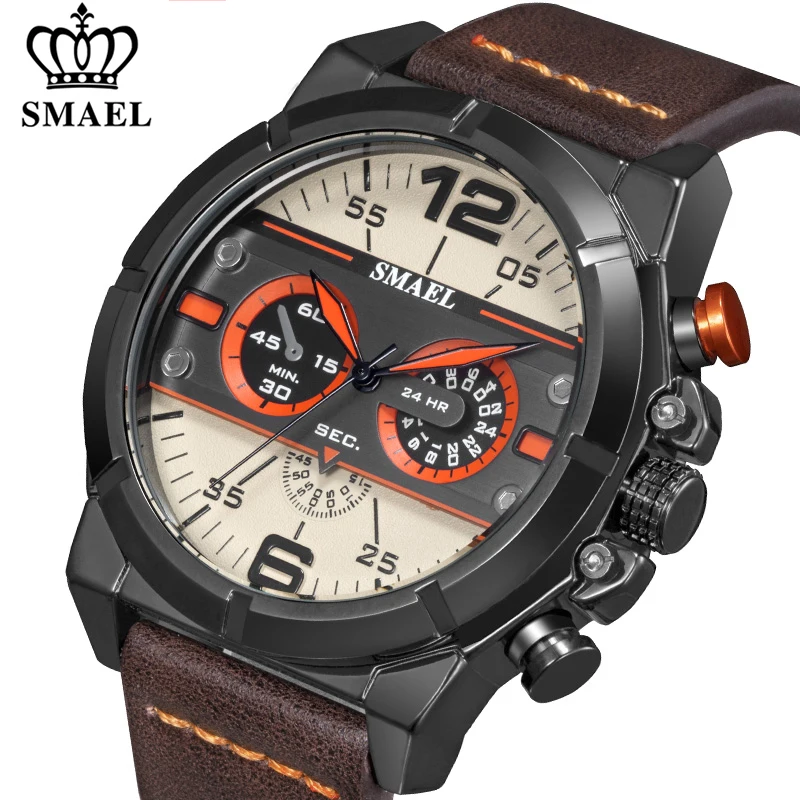 

Часы наручные SMAEL Мужские кварцевые, модные спортивные брендовые Роскошные водонепроницаемые в стиле милитари, с кожаным ремешком, с датой