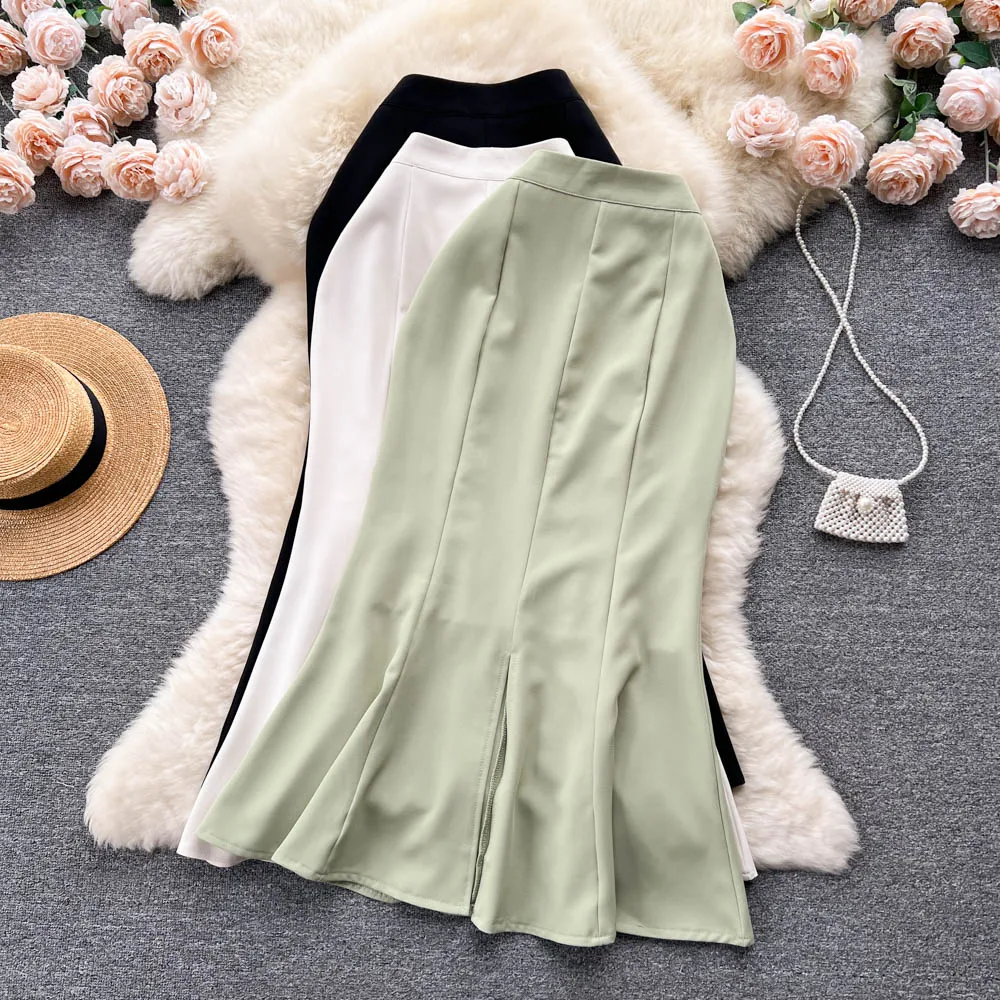 

Women Vintage Solid Pleated Full Skirt High Waist Elegant Korean Fashion Trumpet Skirt Sweet Summer Clothing