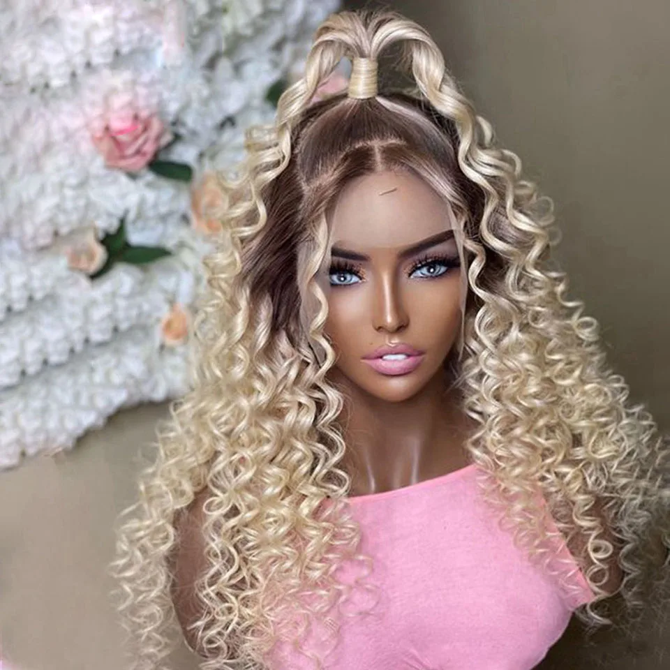

Curly Long Loose Deep Wave 13x6 Lace Front Human Hair Wigs Ombre Highlight Full Lace Wig 613 Blonde 180% Hd Transparent Glueless