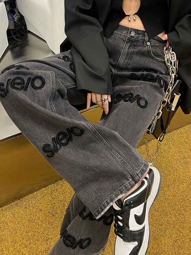 

Джинсы женские с высокой талией, винтажные мешковатые джинсы с надписью и вышивкой, повседневная одежда с широкими штанинами