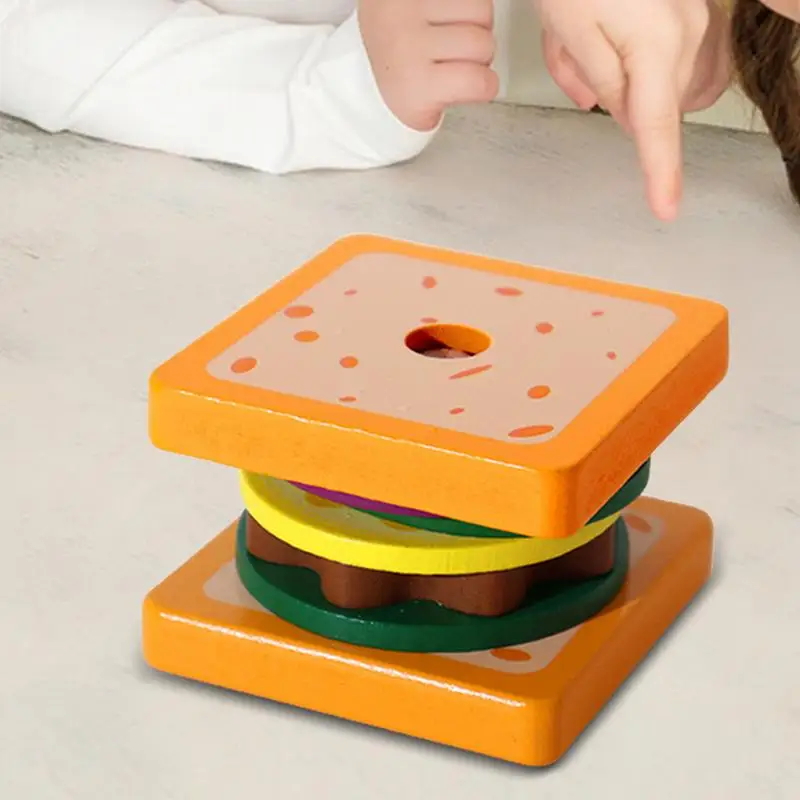 Деревянные штабелируемые игрушки для пищевых продуктов имитация бургер