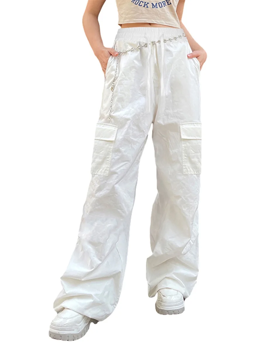 

BEAFNKSG Women Baggy Cargo Pants Drawstring Elastic Waist Wide Leg Trousers Loose Pocket Jogger Trousers Punk Streetwear Slacks